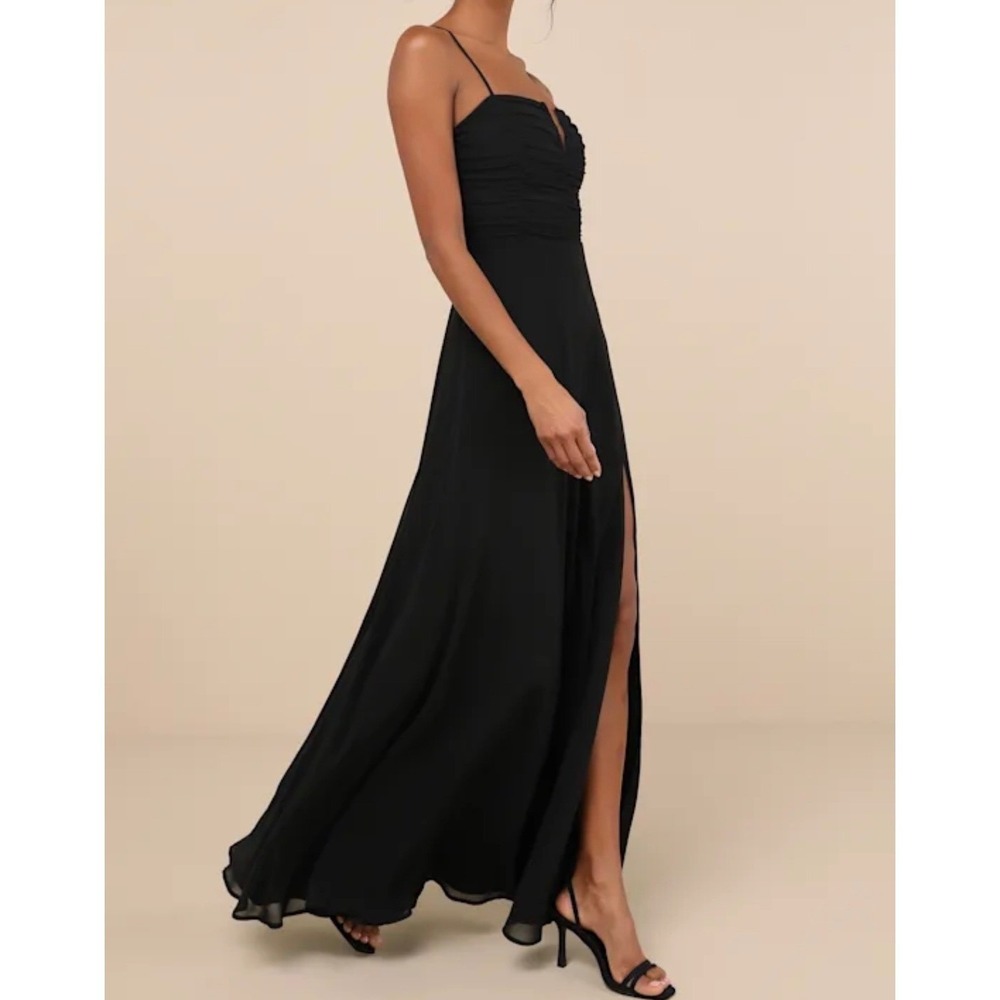 Lulus Sweeny Black Ruched Notched V-Neck Spaghetti Strap Maxi Dress  Size M - Picture 2 of 12